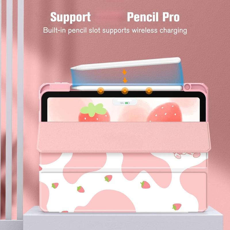 Case for Pad Air 11-inch M2 (2024), Pad Air 5th Generation (2022)   Pad Air 4th Gen (2020) 10.9 Inch -Shockproof Cover with Clear Back Shell & Pencil Holder, Strawberry Cow