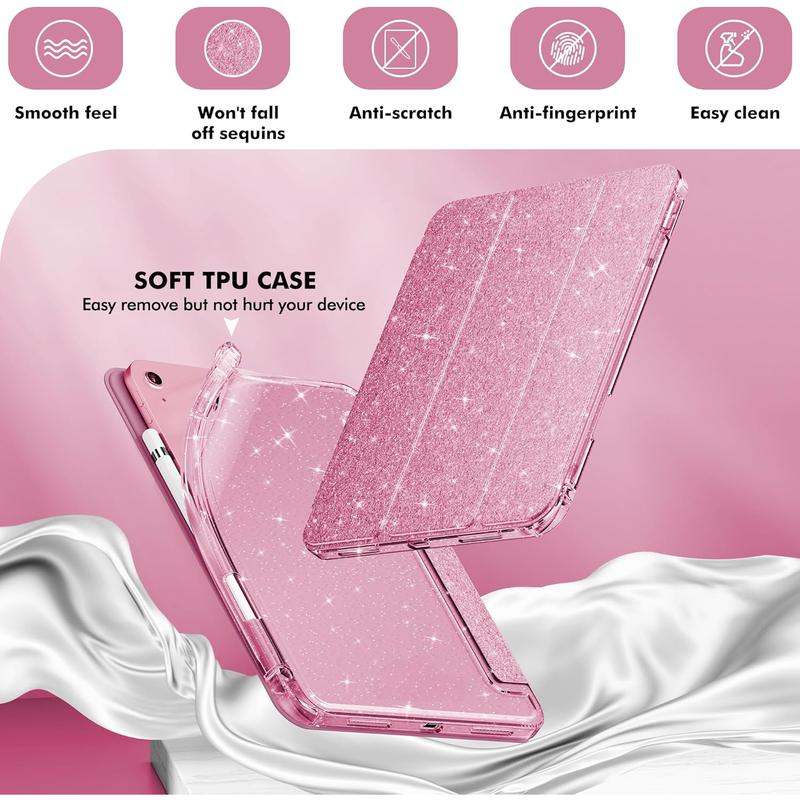 Compatible with Pad 10th Generation Case, Pad Case 10th Generation 10.9 Inch, Cute Glitter Cover with Sparkly Clear Back, Pencil Holder, Anti-yellowing, Rose Pink