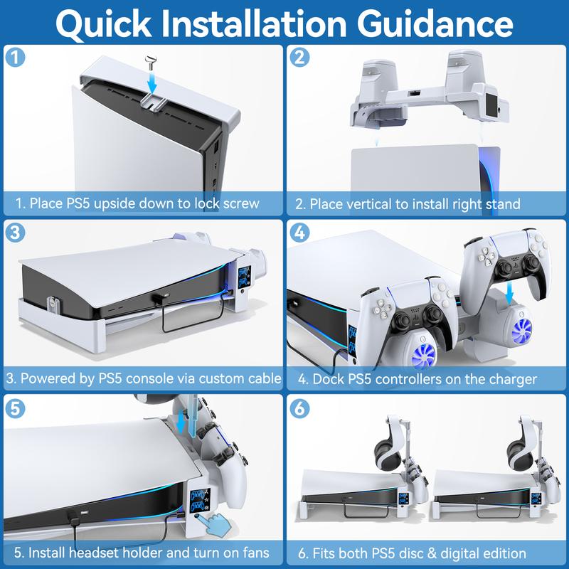 PS5 Horizontal Stand with 3-Level Cooling Fans for Playstation 5 Console, PS5 Accessories Controller Charging Station for PS5 Edge Controller, PS5 Cooling Station (Not Fit PS5 Slim)