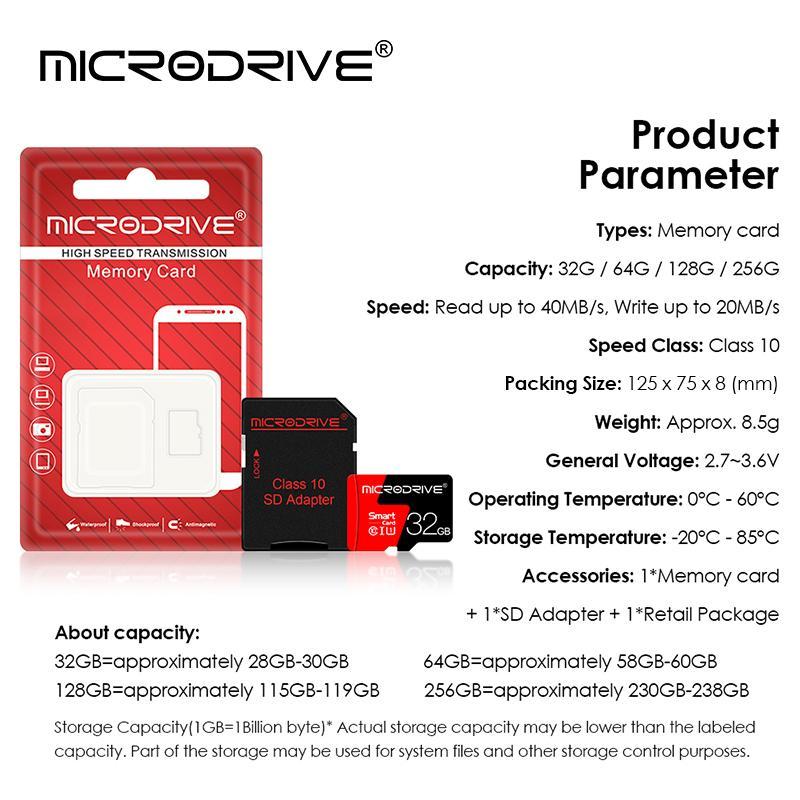 MICRODRIVE 32GB 64GB 128GB 256GB Micro SD Card, 1 Count Class 10 U3 Memory Card with SD Adapter, Camera Accessories for Smartphone, Camera, Laptop, PC