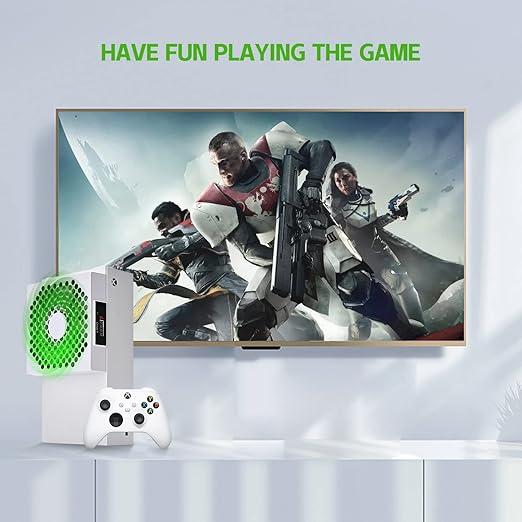 G-STORY Xbox Series S Cooling Fan. Automatic temp-adjustable fan speed, LED display. High-performance, low noise. 3 speeds: 1500 1750 2000RPM (140MM). RGB LED accessories button. Console accessory with portable design. Comes with cable. Smartphone