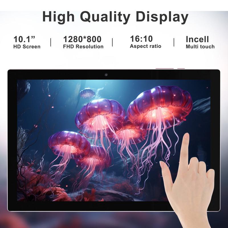 Tablet 10.1 Inch Android 14.0 OS, 2 in 1 Tablets, 64GB ROM+8GB RAM, 8MP Camera, Quad-core Processor, 6000mAh Battery, 1280*800 FHD, Include Keyboard, Mouse, Case, Stylus