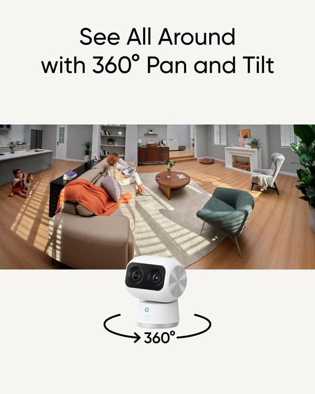 eufy Security Indoor Cam S350, Dual Cameras, 4K UHD Resolution Security Camera with 8× Zoom and 360° PTZ, Human Pet AI, Ideal for Baby Monitor Pet Camera Home Security, Dual-Band Wi-Fi 6, Plug in