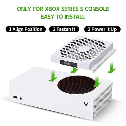 G-STORY Xbox Series S Cooling Fan. Automatic temp-adjustable fan speed, LED display. High-performance, low noise. 3 speeds: 1500 1750 2000RPM (140MM). RGB LED accessories button. Console accessory with portable design. Comes with cable. Smartphone