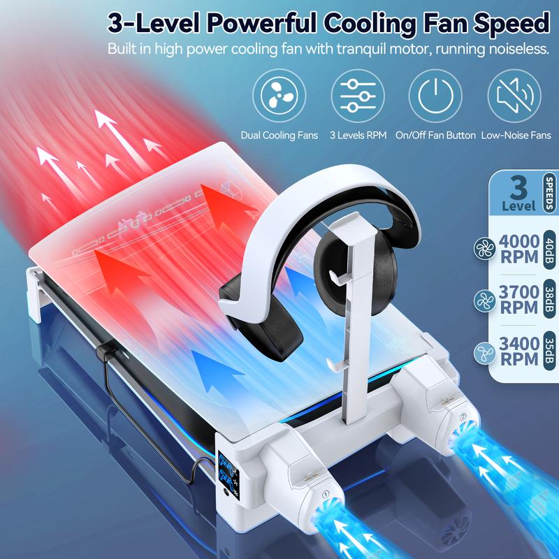 PS5 Horizontal Stand with 3-Level Cooling Fans for Playstation 5 Console, PS5 Accessories Controller Charging Station for PS5 Edge Controller, PS5 Cooling Station (Not Fit PS5 Slim)