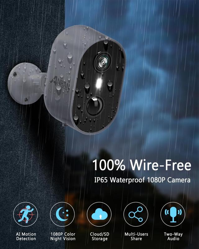 ANRAN 2K Battery Security Camera,Home Wireless Cameras,PIR Motion Detection,Support 2.4Ghz Wi-Fi,Two-Way Talk,Spotlight Siren Alarm,IP65 Waterproof