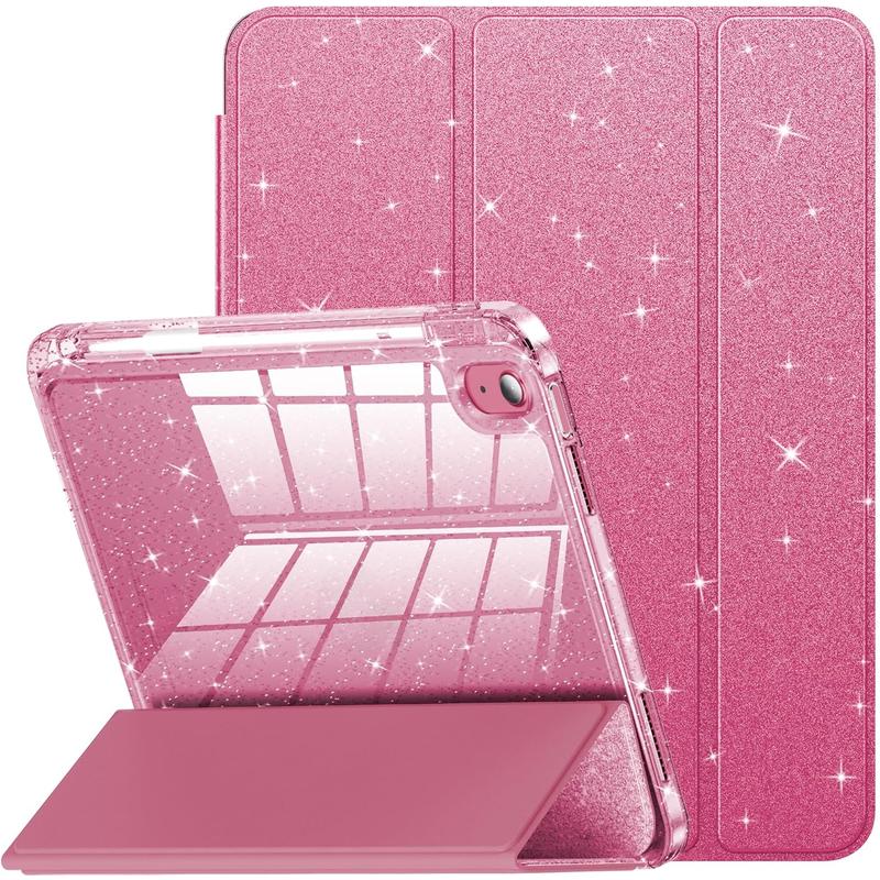 Compatible with Pad 10th Generation Case, Pad Case 10th Generation 10.9 Inch, Cute Glitter Cover with Sparkly Clear Back, Pencil Holder, Anti-yellowing, Rose Pink