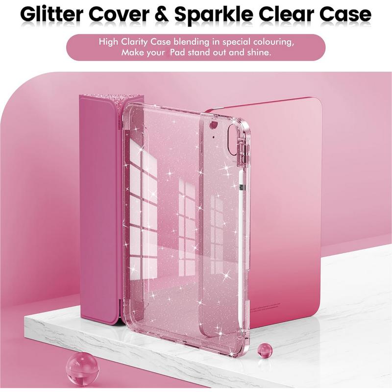 Compatible with Pad 10th Generation Case, Pad Case 10th Generation 10.9 Inch, Cute Glitter Cover with Sparkly Clear Back, Pencil Holder, Anti-yellowing, Rose Pink