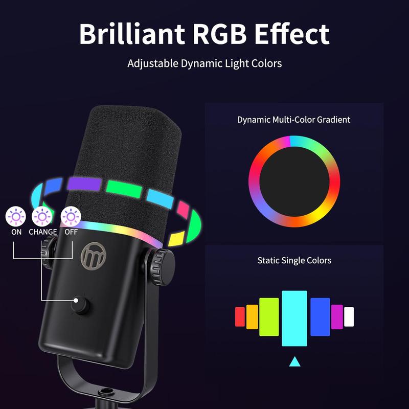 ZEALSOUND USB Dynamic Microphone, RGB Light Microphone with Mute Button & Mic Gain, Portable Microphone for Gaming Podcast, Suitable for Arm Stand