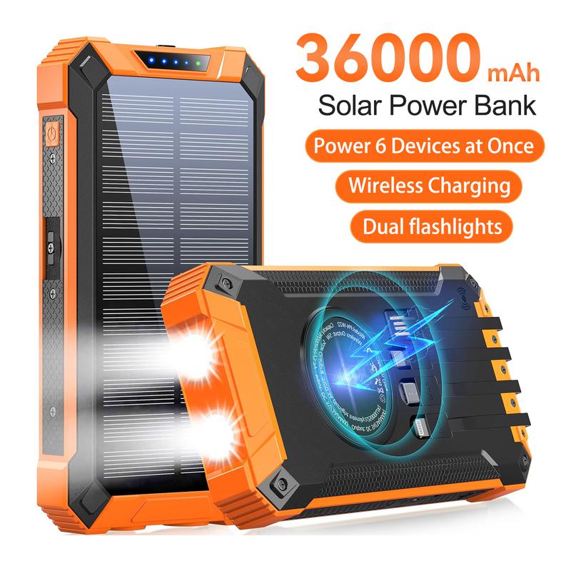 36000mAh Solar Charger Power Bank Wireless Charger Built in 4 Cables 6 Outputs, 18W Fast Charging Power Bank for All Mobile Devices with Dual Flashlights