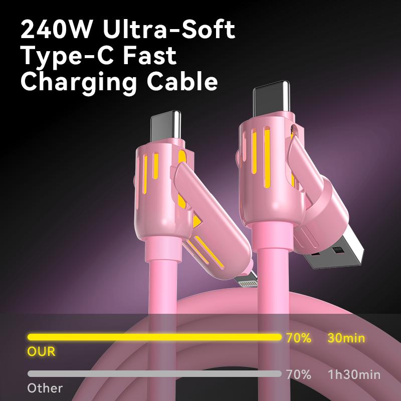 4 in 1 USB charging cable (+free storage bag). Evary FastCharge MAX 240WVUSBA+TYPE C+Lightning for iPhone16 15Samsung Galaxy, Android Aesthetic Led