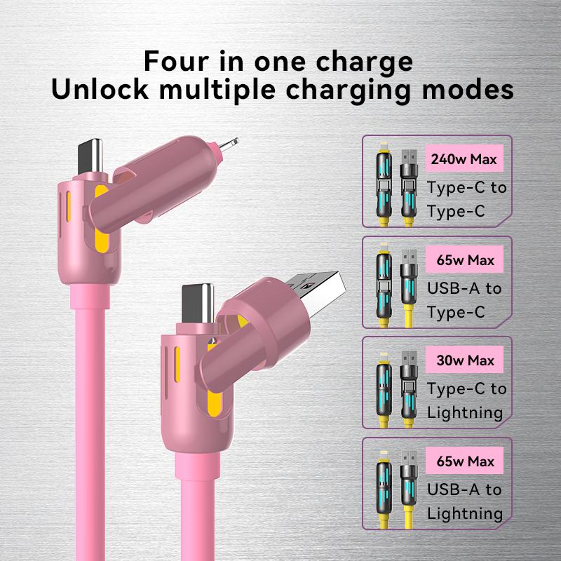 4 in 1 USB charging cable (+free storage bag). Evary FastCharge MAX 240WVUSBA+TYPE C+Lightning for iPhone16 15Samsung Galaxy, Android Aesthetic Led