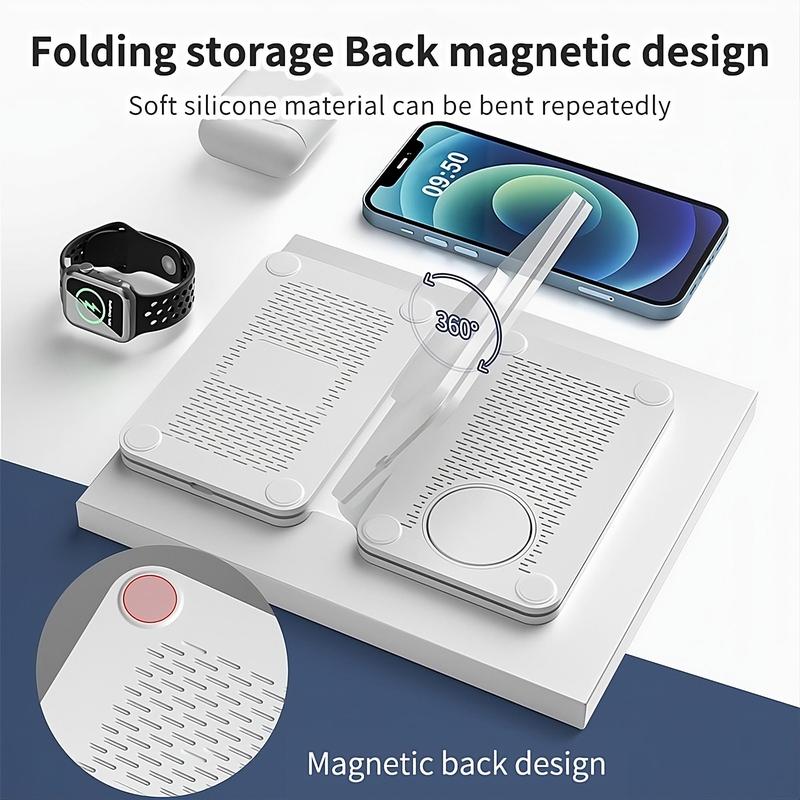 15W Wireless Charger, Foldable 3 in 1 Travel Wireless Charger, Magnetic Fast Charging Compatible with iPhone 14 13 12, AirPods 2 3 Pro, Apple Watch