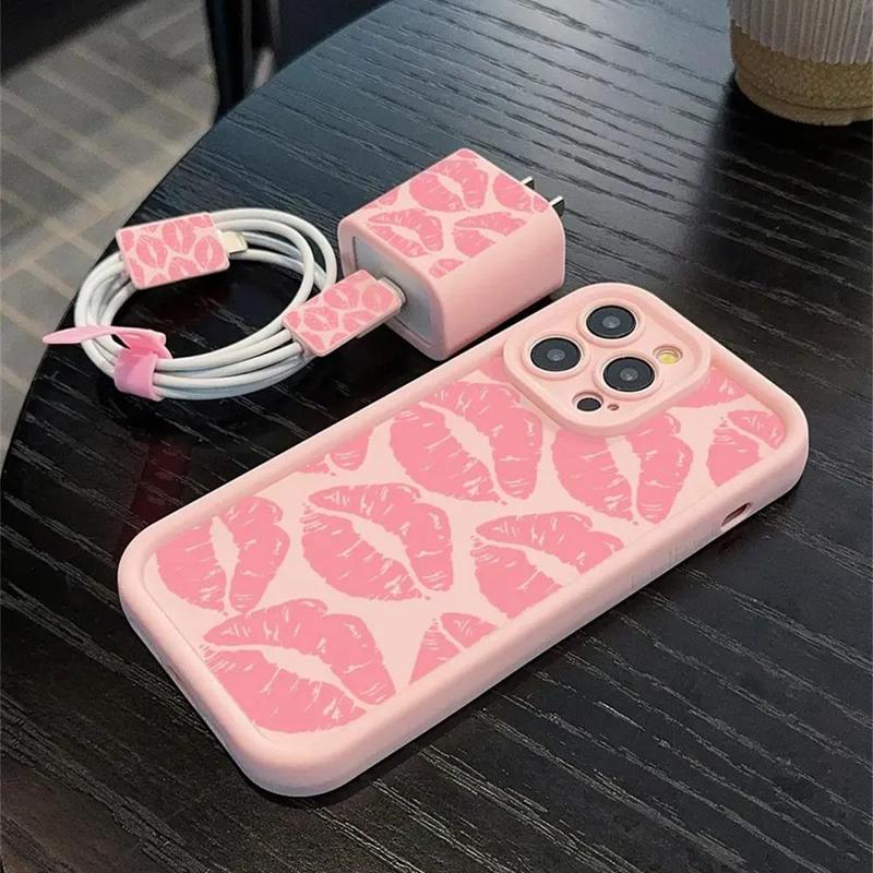 Lip Print Phone Case with Charger Saver Cover (5 Counts set), Fashion Phone Protective Cover, Phone Accessories for iPhone 11 12 13 14 15 16 Pro Max