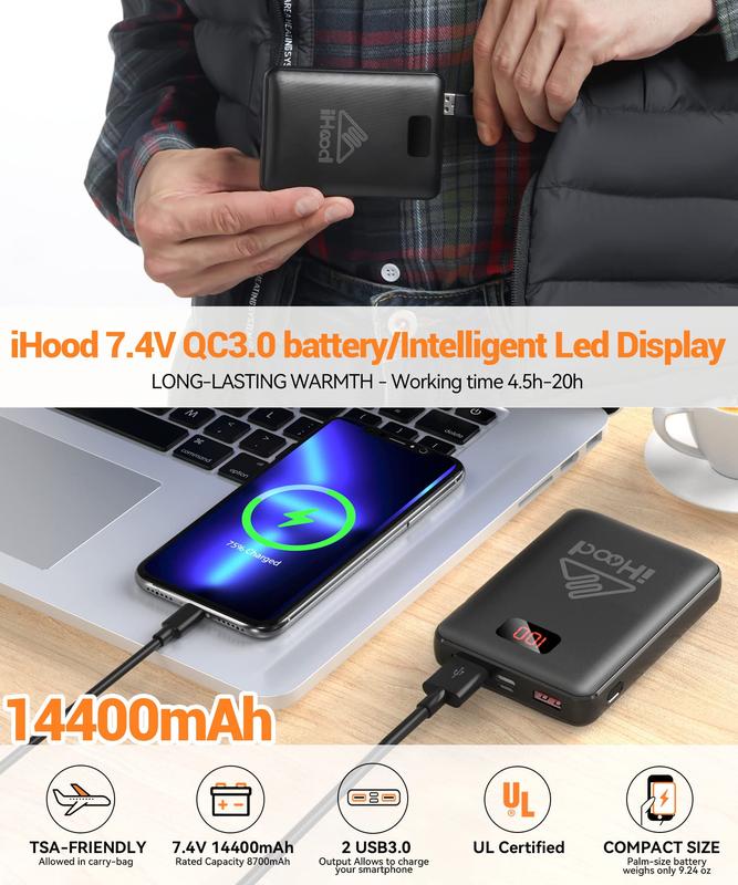 iHood 5V   7.4V   12V Heated Vest Jacket Battery Pack for Heated Jackets, Hoodies, Pants and Seat Cushion Cover 14400mah Power Bank