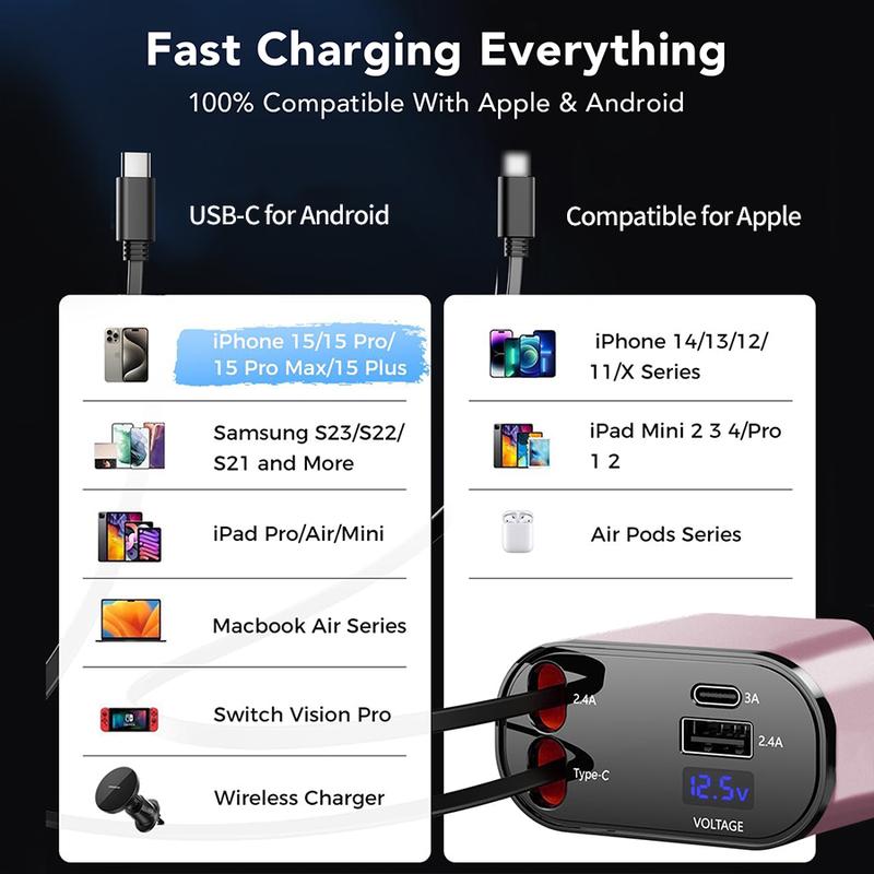 4 in 1 Retractable Car Charger, Cute Car Accessories, USB C Fast Charging cable[Max100W] with Lightning Cable&Dual Charge Port Compatible with iPhone 15 14 13 12 11 Pro Max Plus iPad AirPods, Samsung Galaxy S23 S22 S10,Google Pixel, Smartphone Cellphone