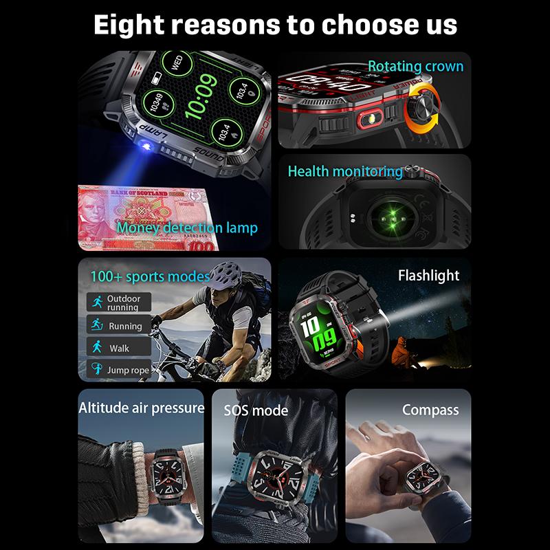 Rugged Military Smartwatch for Men - LED Flashlight, Compass, 2.01” HD Display, Long Battery Life, 24 7 Health Monitoring, 100+ Sports Modes & Fitness Tracker