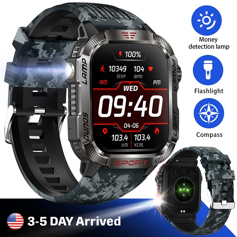 Rugged Military Smartwatch for Men - LED Flashlight, Compass, 2.01” HD Display, Long Battery Life, 24 7 Health Monitoring, 100+ Sports Modes & Fitness Tracker