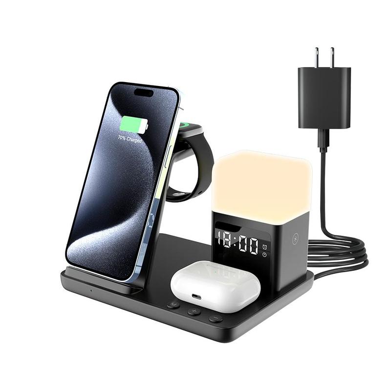 6-in-1 Wireless USB Charging Station Stand, Desktop 15W Fast Charging Station with Night Light & Clock Alarm, Smart Charger Stand Compatible with iPhone & Apple Watch & AirPods