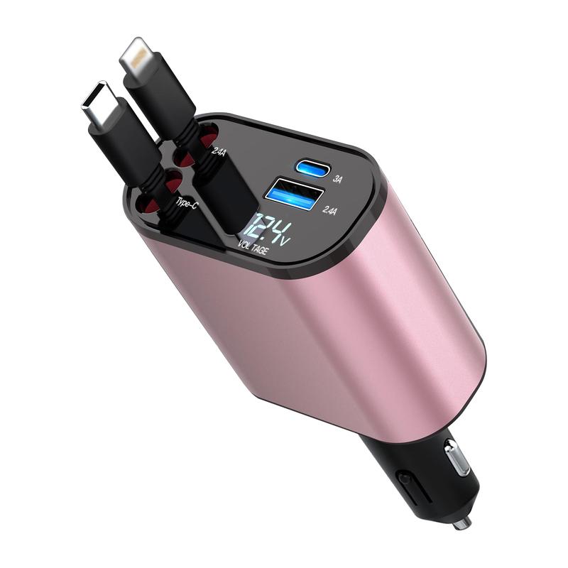 4 in 1 Retractable Car Charger, Cute Car Accessories, USB C Fast Charging cable[Max100W] with Lightning Cable&Dual Charge Port Compatible with iPhone 15 14 13 12 11 Pro Max Plus iPad AirPods, Samsung Galaxy S23 S22 S10,Google Pixel, Smartphone Cellphone