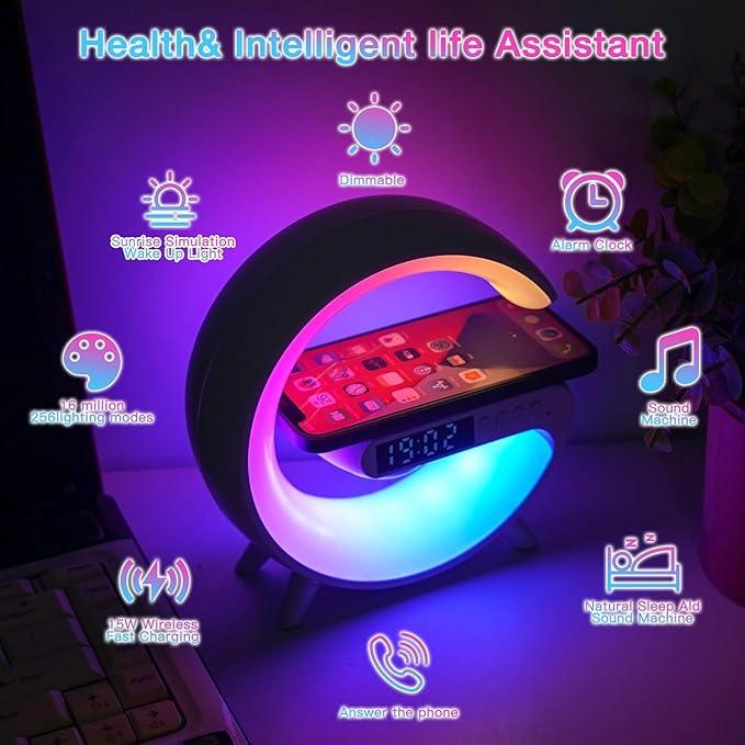 New WirelessSpeaker-Portable Bluetooth Speakerswith Fast Charging, Sunrise AlarmClock,Wake Up Light, Dimmable TableLamp and Bar Smart Light Wireless Charger Station for Smartphone Kids Adults Desk Table Lamp Gift