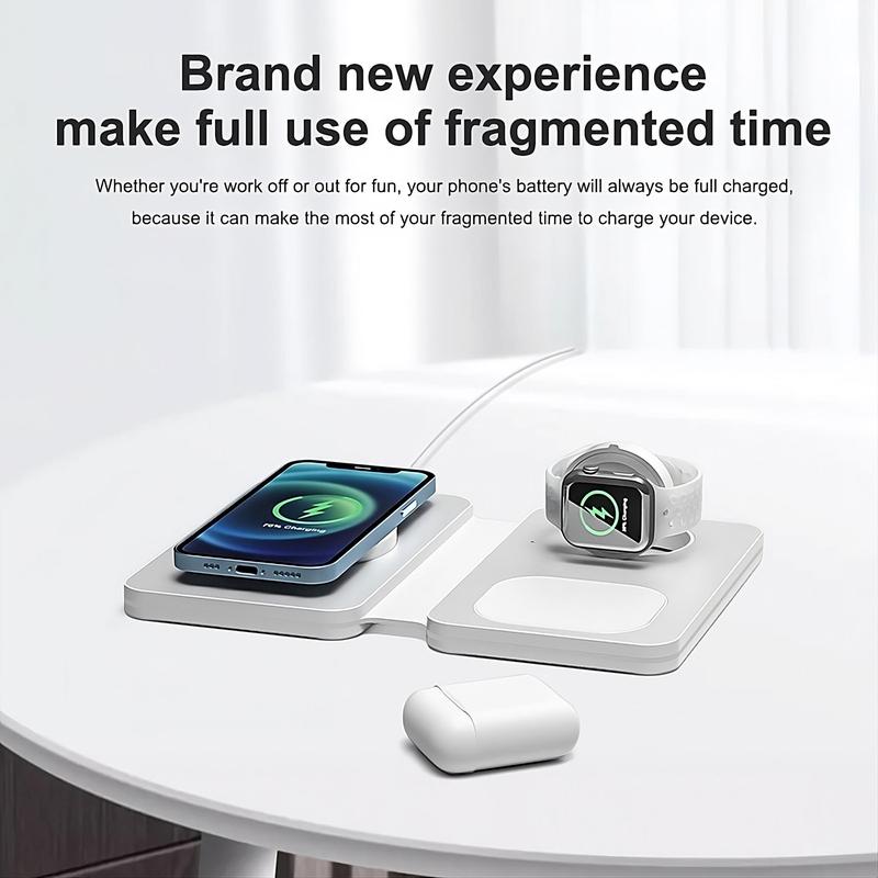 15W Wireless Charger, Foldable 3 in 1 Travel Wireless Charger, Magnetic Fast Charging Compatible with iPhone 14 13 12, AirPods 2 3 Pro, Apple Watch