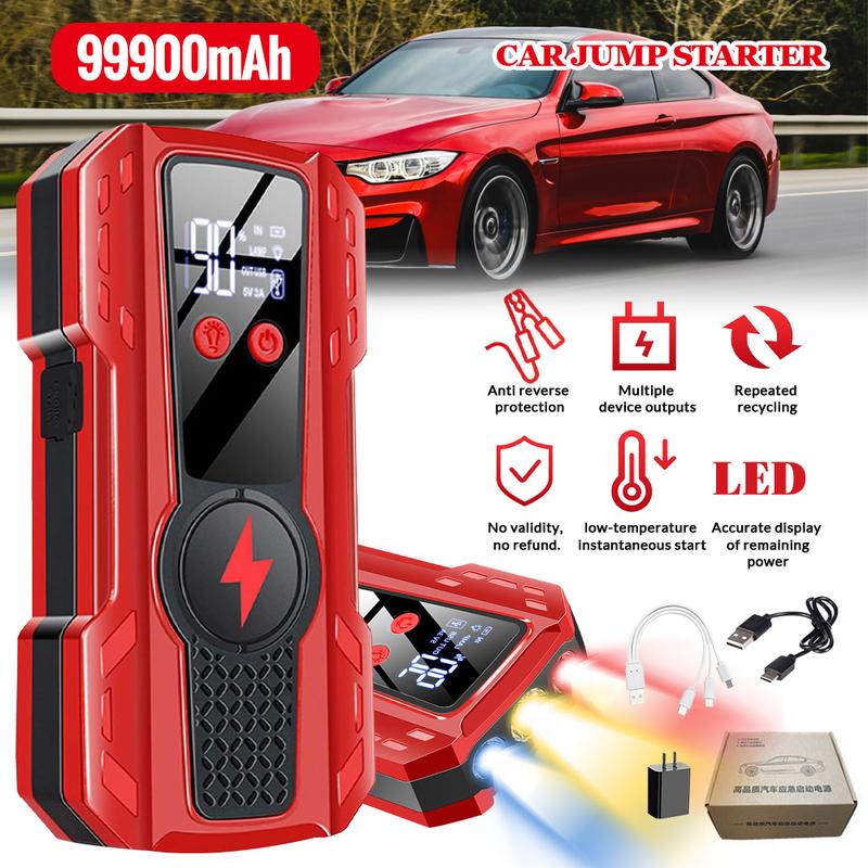 99900mAh Portable Car Jump Saterter Battery Charger, 1000A Car Jump Starter Pack, Intelligent Protection 2 USB Interfaces Portable Car Jump Starter 12V Battery Booster Jumper Box Powerbank with LED Light,with Digital Display, Power Bank Function