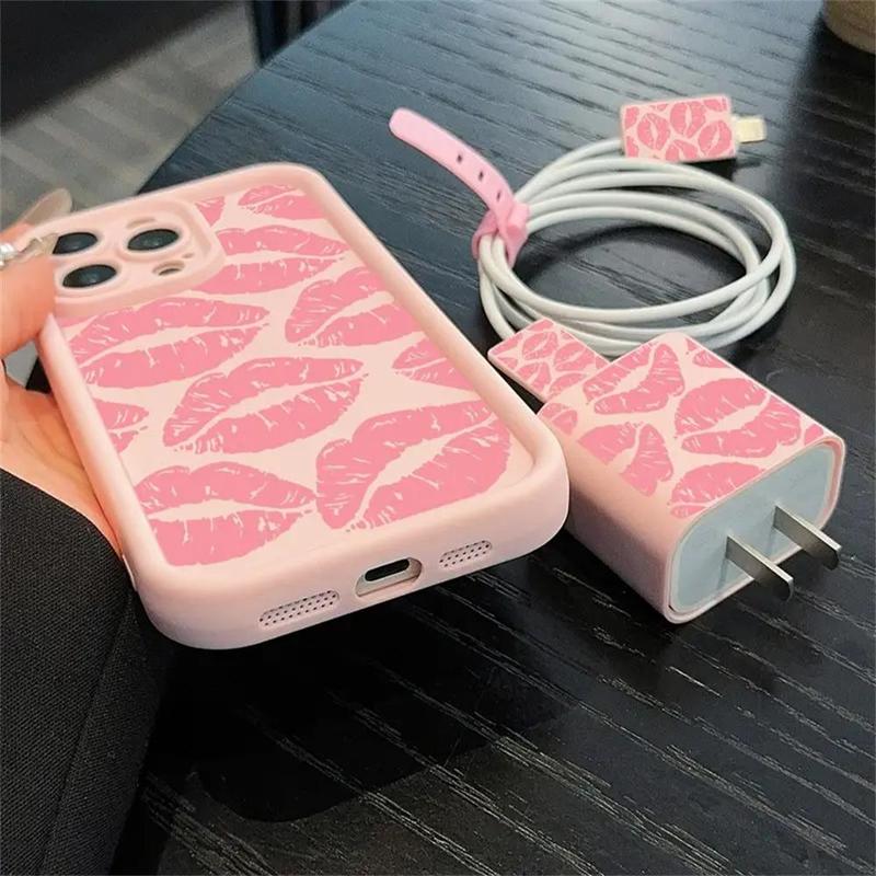 Lip Print Phone Case with Charger Saver Cover (5 Counts set), Fashion Phone Protective Cover, Phone Accessories for iPhone 11 12 13 14 15 16 Pro Max