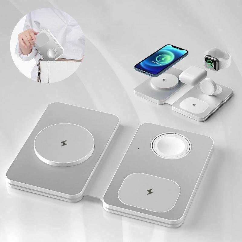 15W Wireless Charger, Foldable 3 in 1 Travel Wireless Charger, Magnetic Fast Charging Compatible with iPhone 14 13 12, AirPods 2 3 Pro, Apple Watch