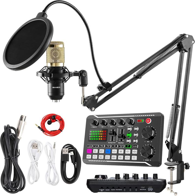 Podcast Microphone Bundle, BM-800 Condenser Mic with Live Sound Card Kit, Podcast Equipment Bundle with Voice Changer and Mixer Functions for PC Smartphone Studio Recording & Broadcasting