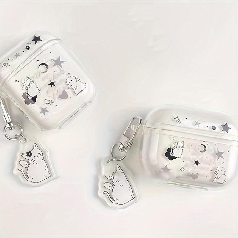 Cute Cartoon Cat Pattern Clear Earphone Case with Keychain, 1 Count Decorative Earphone Protective Cover, Earphone Accessories Compatible with AirPods 3 Pro Pro 2 2 1