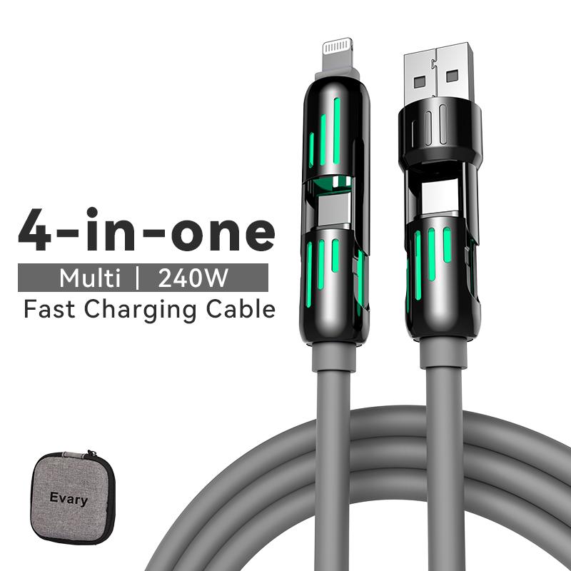 4 in 1 USB charging cable (+free storage bag). Evary FastCharge MAX 240WVUSBA+TYPE C+Lightning for iPhone16 15Samsung Galaxy, Android Aesthetic Led