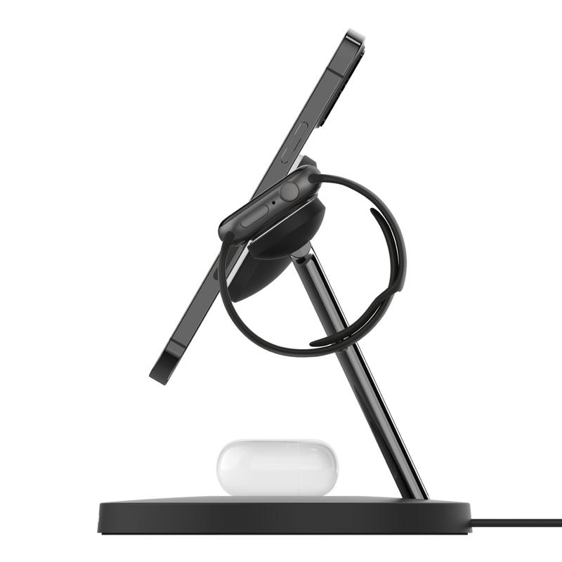 Belkin BoostCharge Pro 3-in-1 Wireless Charger Stand, Official MagSafe Wireless Charging Station, 15W Fast Wireless Charging, 33% Faster Charging for Apple Watch, iPhone 15, iPhone 14, iPhone 13 Series, AirPods, Black & White.