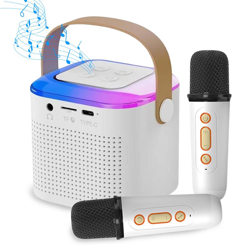 Mini Karaoke Machine for Kids, Portable Bluetooth Karaoke Speaker with Colorful RGB Lights, Bluetooth Singing Speaker with 2 Wireless Microphones, Christmas Birthday Gifts for Girls Boys for Home Party (White)