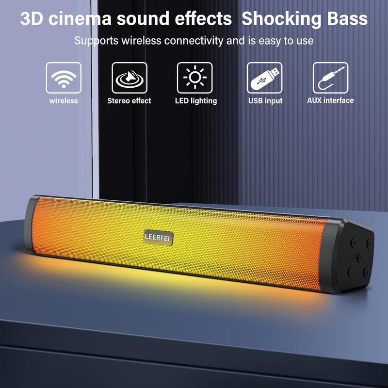 Wireless Speaker, USB Rechargeable RGB Light Soundbar, 3D Surround Sound Speaker, Stereo Subwoofer for Laptop Theater TV