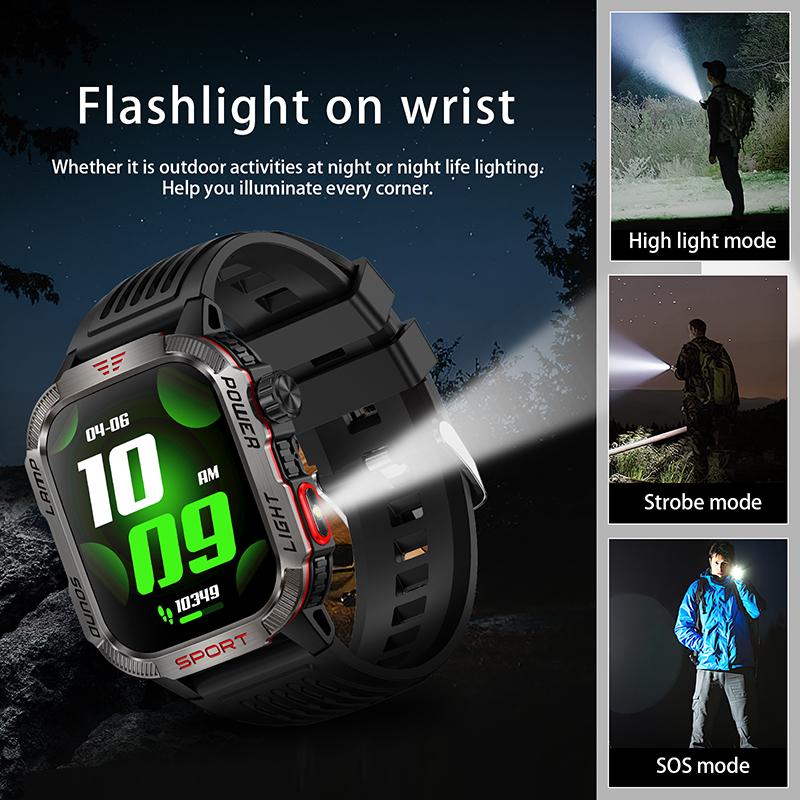 Rugged Military Smartwatch for Men - LED Flashlight, Compass, 2.01” HD Display, Long Battery Life, 24 7 Health Monitoring, 100+ Sports Modes & Fitness Tracker