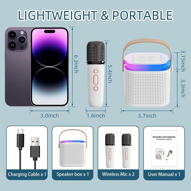 Mini Karaoke Machine for Kids, Portable Bluetooth Karaoke Speaker with Colorful RGB Lights, Bluetooth Singing Speaker with 2 Wireless Microphones, Christmas Birthday Gifts for Girls Boys for Home Party (White)