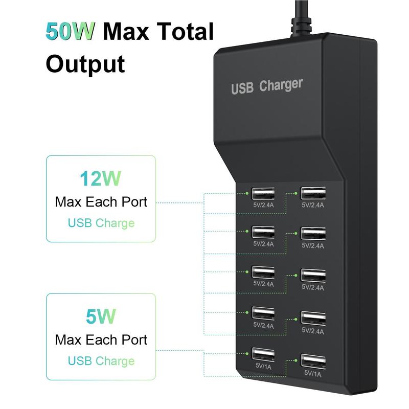 10 Ports USB Charger, 50W USB Charging Station, Portable USB Charger Station for Multiple Devices