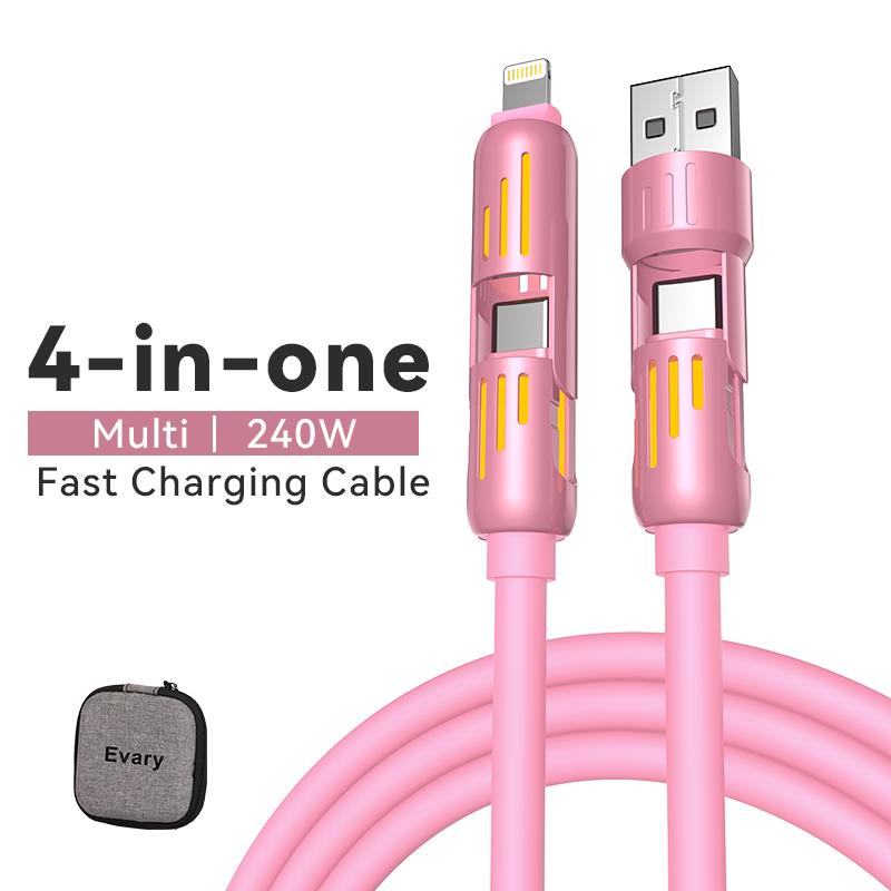 4 in 1 USB charging cable (+free storage bag). Evary FastCharge MAX 240WVUSBA+TYPE C+Lightning for iPhone16 15Samsung Galaxy, Android Aesthetic Led