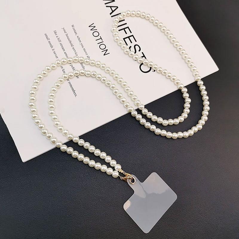 Fashionable Artificial Pearl Decor Phone Chain with Phone Patch, DIY Handmade Braided Phone Lanyard, Phone Strap for Women & Girls