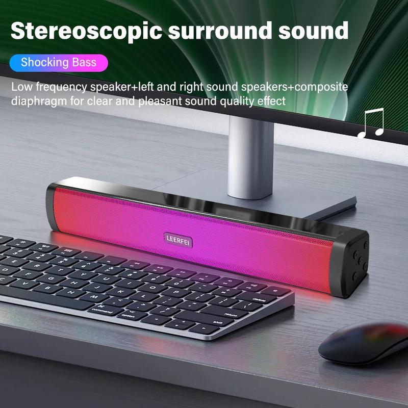 Wireless Speaker, USB Rechargeable RGB Light Soundbar, 3D Surround Sound Speaker, Stereo Subwoofer for Laptop Theater TV