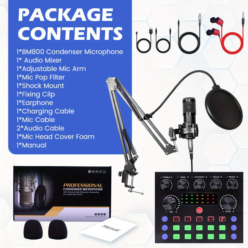 All-In-One Podcast Equipment Bundle with BM800 Condenser Microphone, Audio Interface Live Sound Card, and Earphone for Recording, Broadcasting, Live Streaming