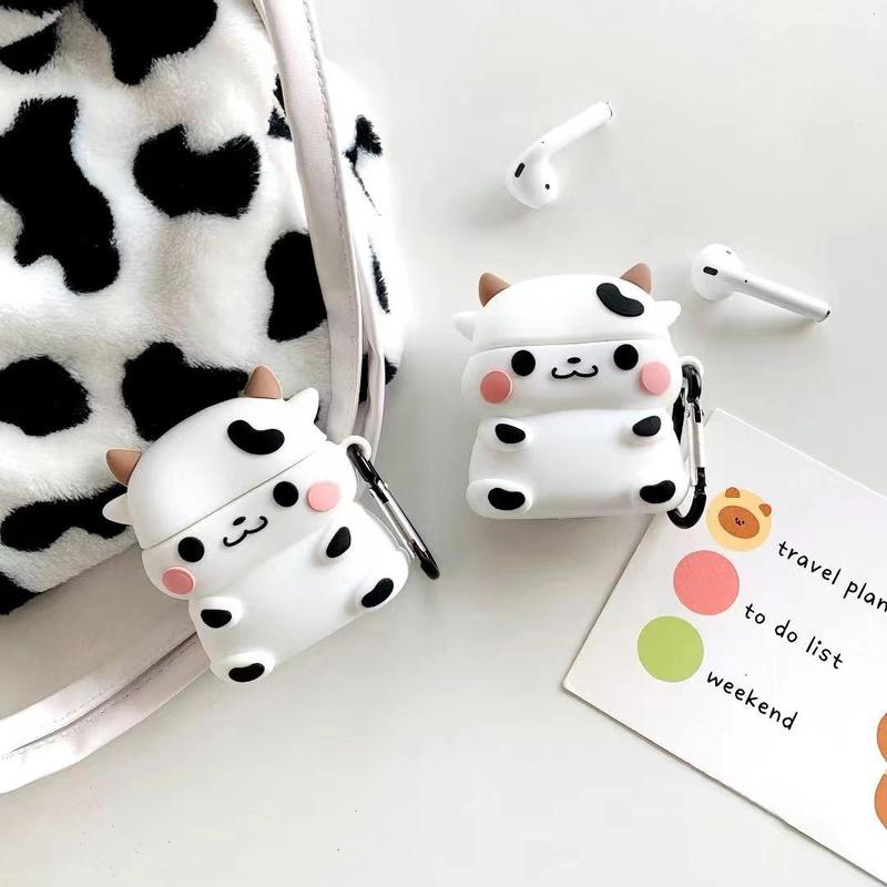 Cow Design Headphone Case, Earphone Case with Keychain, Key Chain Earbuds Case for Iphone Airpods 1 2 3 pro, Cute Accessories