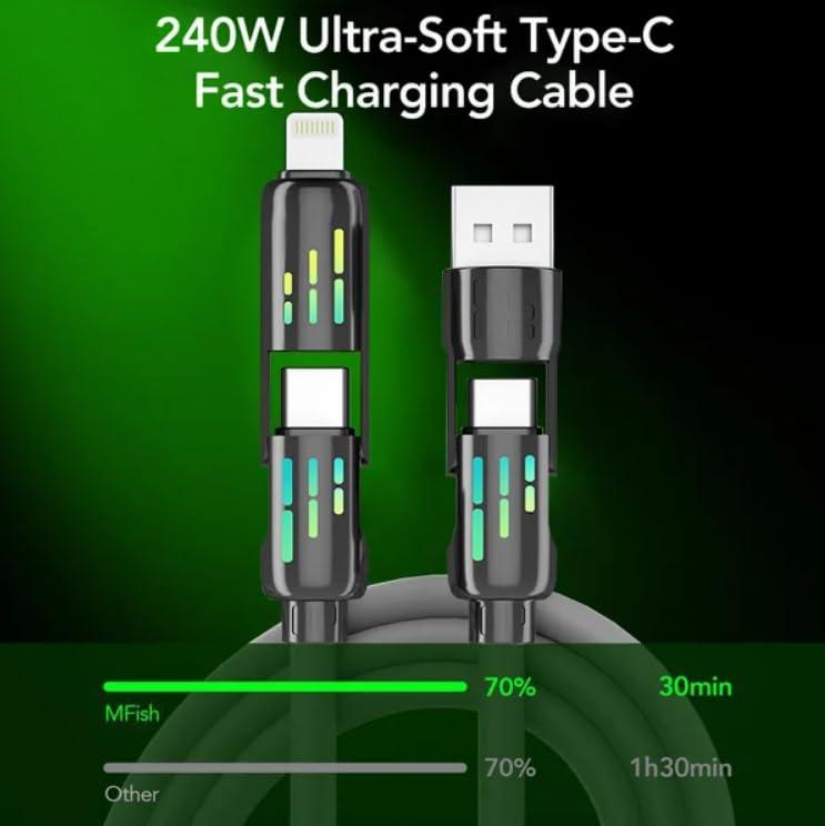 240W 4 in 1 USB-C Fast Charging Cable, Lightning USB A Type C, With Breathing Light, Compatible with iPhone, iPad, Samsung, Laptops Charger Smartphone Cellphone Electronic