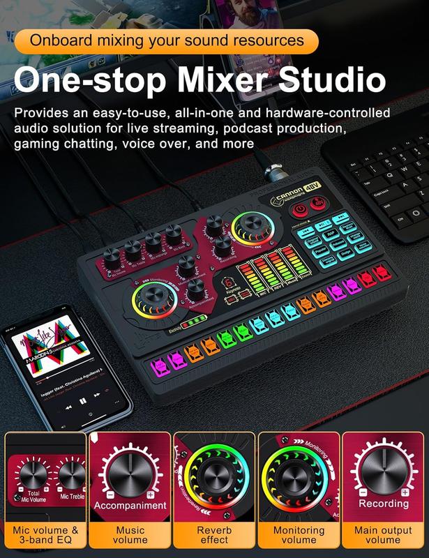 Tenlamp Podcast Equipment Bundle, X5 Audio Interface with Mixer & Vocal Effects, Sound Board Voice Changer, Studio All-in-one XLR DJ Mixer for Phone PC Live Streaming Recording Gaming (X5-Black)