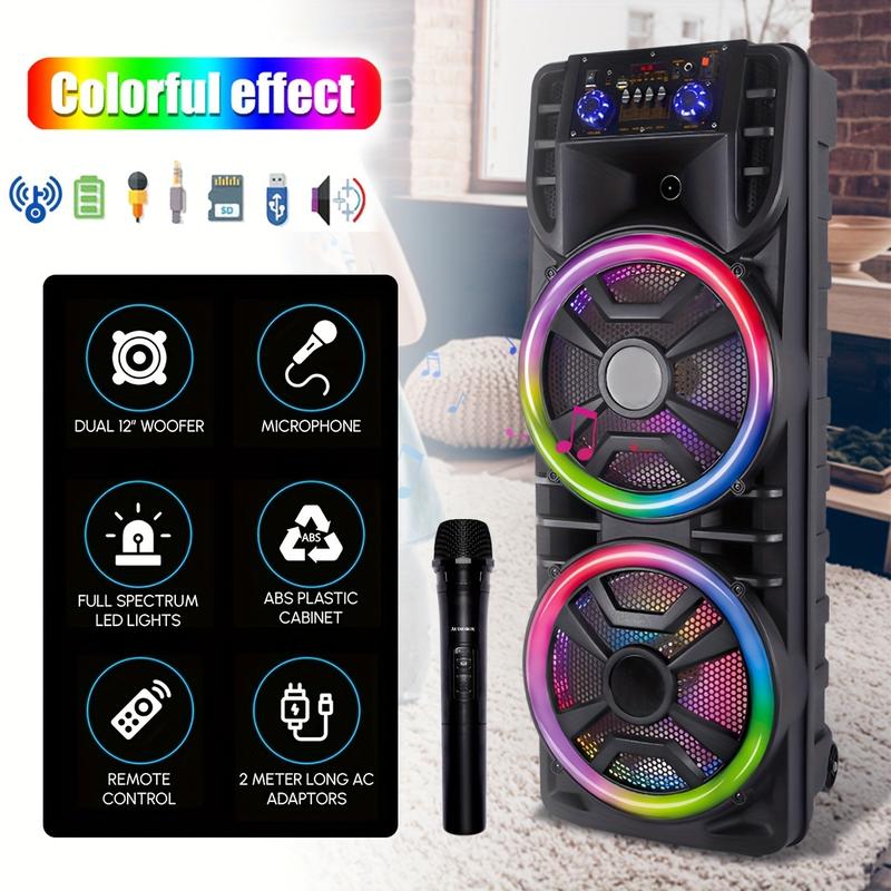 Rechargeable Wireless Dual 12-Inch, Subwoofer Portable Party Speaker with Double-Layer Reactive Party Light, TWS,USB,SD,AUX Input and FM Radio, 2800W, Double 6.5-Inch, Double 8-Inch, double 10 Inches