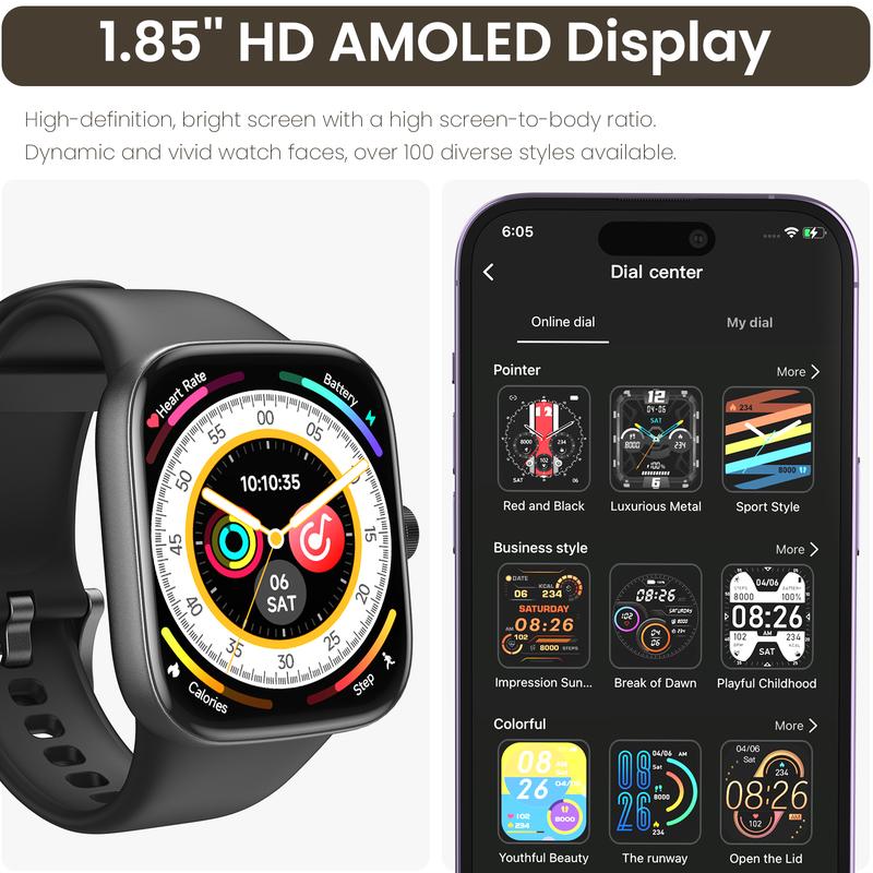 TOZO S7 Smartwatch Bluetooth Call 1.85”AMOLED Ultra HD Screen,Dynamic Dials Messages Push 100+ Sports Modes,Detect Human Health (Heart Rate,Blood Oxygen)with High Battery Life Touch Screen Watch Black