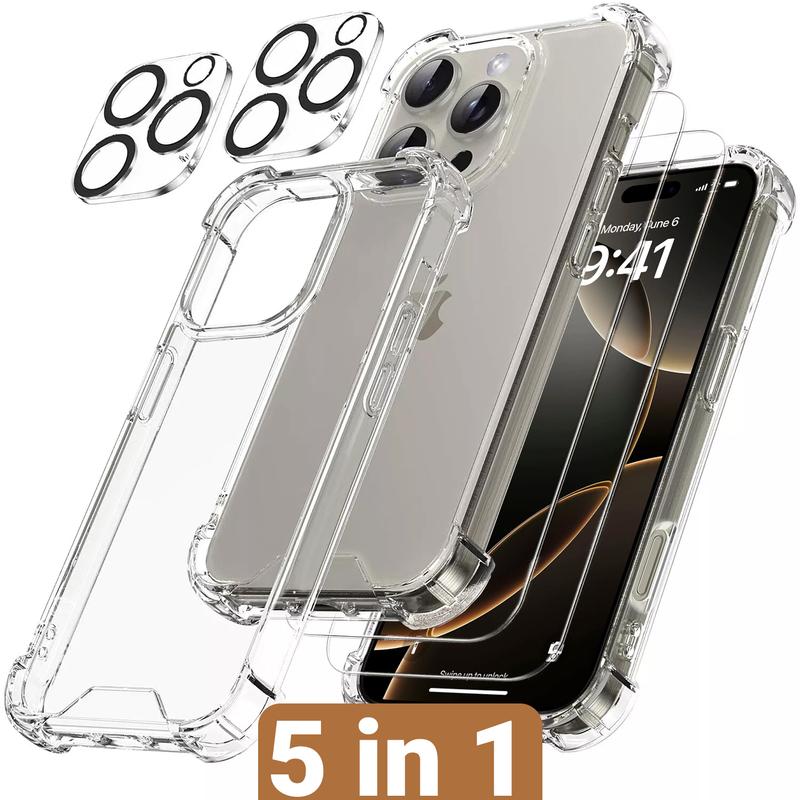 For iPhone 16 15 14 13 12 11 Pro Max Clear Shockproof Case +2* Tempered Glass Screen Protector+2* Camera Lens Protector