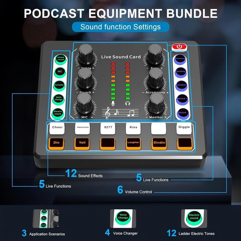 Professional Podcast Equipment Set, USB Rechargeable Live Streaming Sound Card & Microphone & Audio Interface, Live Streaming Equipment Kit for Recording, Live, Streaming