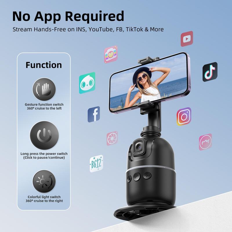 Auto Face Tracking Tripod, 360° Rotatable Phone Camera Stand with Gesture Control & Colorful Light Ring, Rechargeable Auto Tracking Phone Holder for Vlog